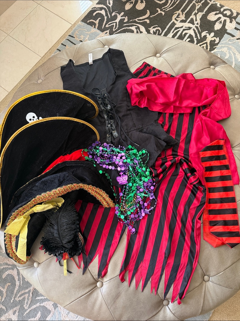 Pirate Costume Bundle - Black & Red Striped Outfit with Hats and Accessories